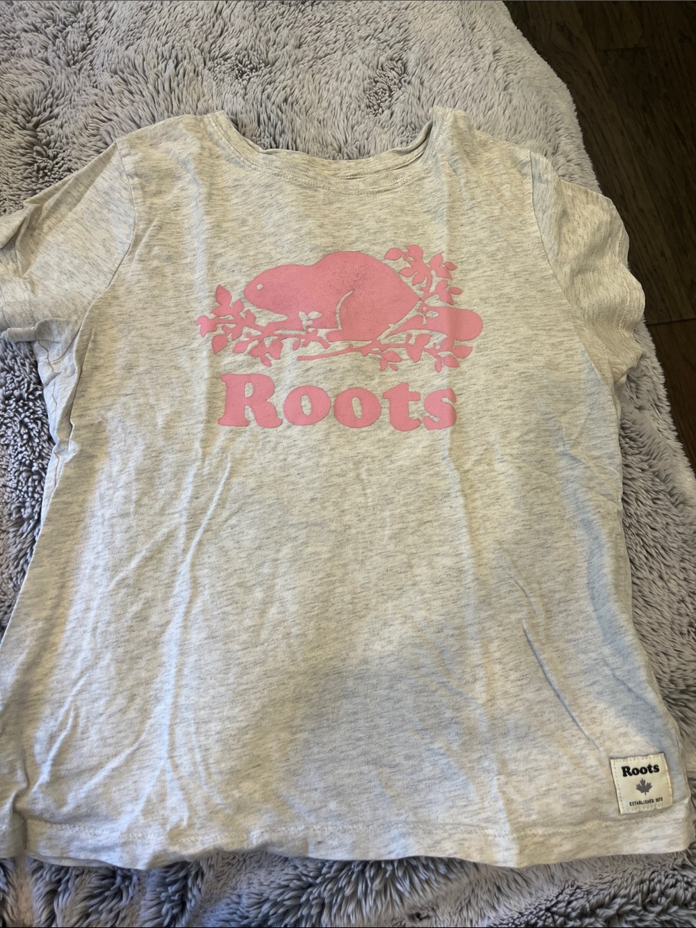 Roots Gray Short Sleeve Tee with Pink Beaver Graphic